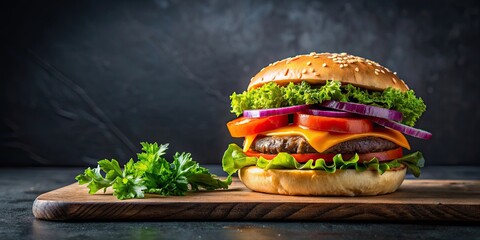 Poster - Burger with cheese, tomatoes, red onions, cucumber and lettuce on black slate over dark background , fast food