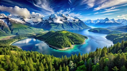 Sticker - Beautiful landscape of Planet Earth with lush green forests, blue oceans, and snow-capped mountains, nature, Earth