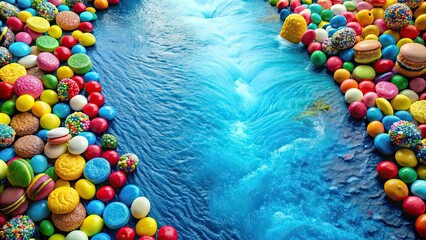 Poster - Beautiful blue river filled with colorful candy gum drops, gumballs, lollipops, and macarons , candy, gumdrops, gumballs