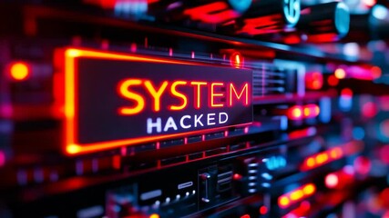 Poster - system hacked alert on a server data panel with glowing code illustrating cyber security breach at n