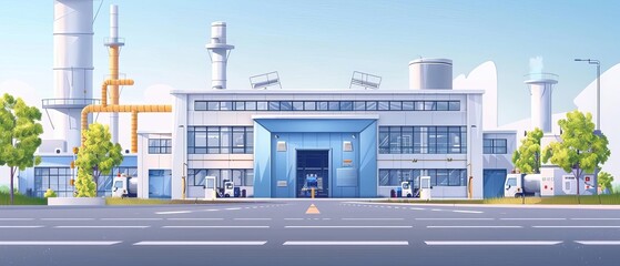 Efficient production facility flat design front view theme urban cartoon drawing colored pastel