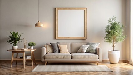 Sticker - Blank wooden frame mockup hanging on wall of living room for artwork placement, mockup, wooden, frame, blank, wall