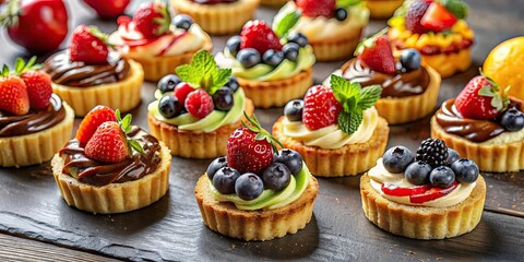 Poster - Assortment of decadent dessert canap?s topped with chocolate drizzle and fresh fruit slices, desserts, canap?s, chocolate