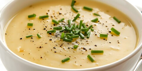 Wall Mural - Creamy Potato Soup Garnished with Chives and Black Pepper in a White Bowl. Concept Potato Soup Recipe, Comfort Food, Vegetarian Dish, Easy Meal Prep