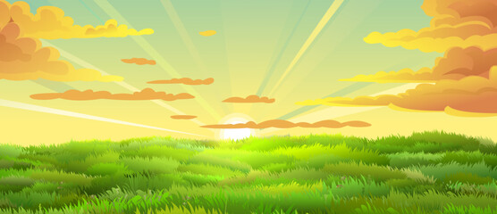 Wall Mural - morning sunrise on horizon. grass on field. pasture farm. beautiful view of nature. rural landscape.