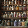 © NUTTAWAT - A collection of dried herbs and spices in glass jars on wooden shelves, perfect for a rustic kitchen or herbal apothecary.