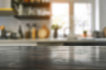 Poster - Empty gray tabletop reflecting light with blurred kitchen background