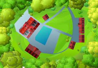 Wall Mural - houses in the forest. view from above. view from a copter or helicopter. summer landscape. scenery g