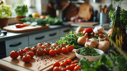 Canvas Print - Fresh Tomatoes and Herbs on a Kitchen Counter