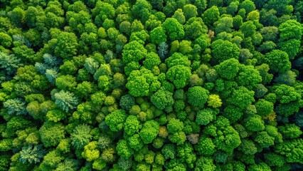 Sticker - Arial view of lush green forest with drone shot, forest, trees, nature, aerial, view, green, foliage, landscape