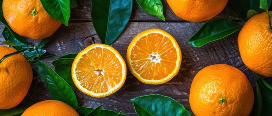 Sticker - Fresh Oranges with Green Leaves on a Wooden Surface