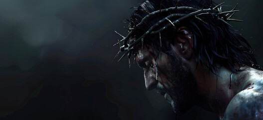 Wall Mural - Jesus with crown of thorns, side view, dark background