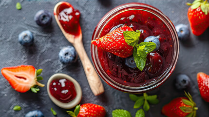 Poster - strawberry and blueberries jam jar with berries and wooden spoon with jam on it 