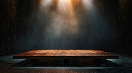 old wooden podium with spotlight in a dark room