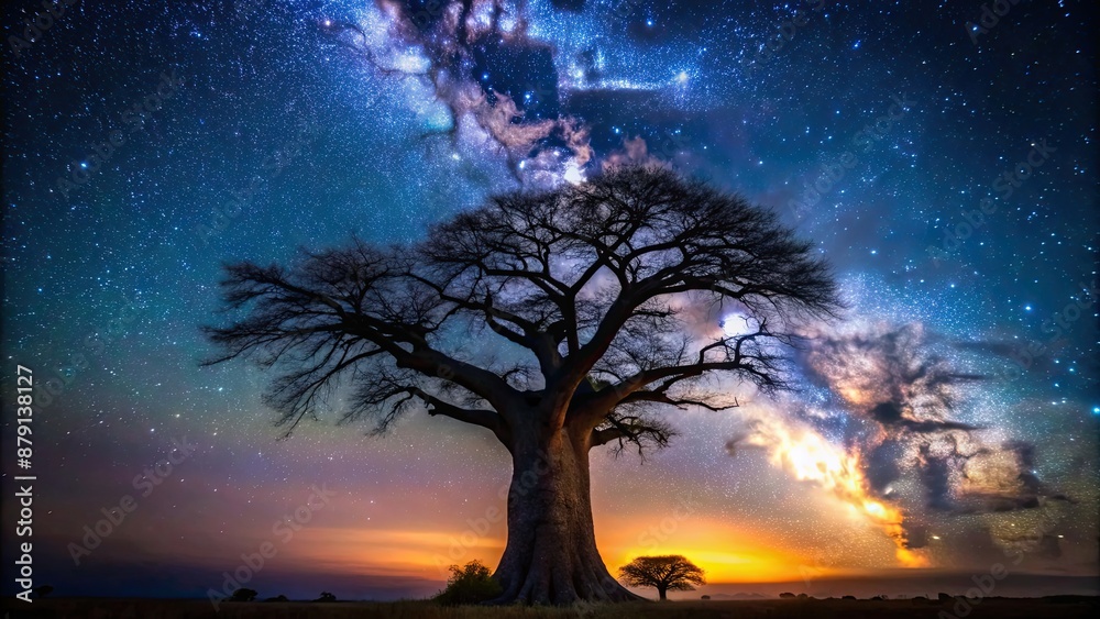 African Baobab tree silhouetted against a starlit Milky Way night sky ...