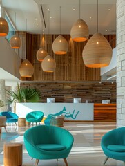 Wall Mural - Modern hotel lobby with blue chairs and woven wicker light fixtures. AI.