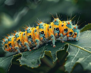 Canvas Print - A brightly colored caterpillar sits on a leaf. AI.