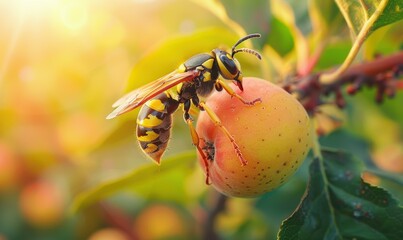 Wall Mural - A wasp on an apricot. AI.