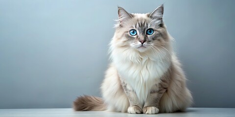 Poster - Blue-eyed cat with fluffy fur sitting gracefully , blue eyes, cat, feline, pet, animal, domestic, adorable, fluffy, fur