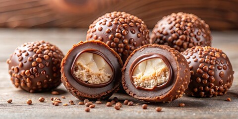 Canvas Print - Chocolate candy balls and halves with crispy filling, chocolate, candy, balls, halves, crisp, filling, snack, dessert