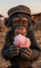 Canvas Print - A chimpanzee wearing a hat is eating pink cotton candy. AI.