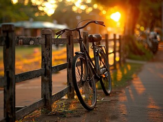 Sticker - Bicycle leaning against a wooden fence in the evening sun. AI.