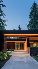 Poster - A modern house with a long walkway leading up to the front door. AI.