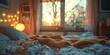 © sergio - Cozy bedroom with a messy bed and a view of the sunset. AI.