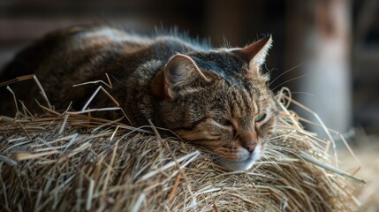 Poster - A cat is sleeping on a haystack. AI.