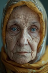 Canvas Print - Portrait of an elderly woman wearing a headscarf. AI.