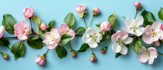 Sticker - Blossoming pink and white flowers on a blue background. AI.