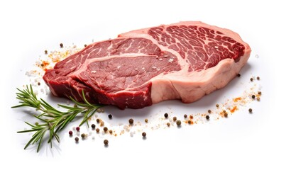 Wall Mural - Fresh ribeye steak from marbled beef and spices on a white background