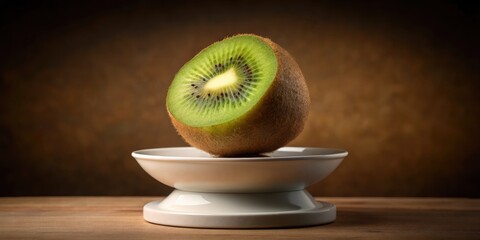 Sticker - Kiwi fruit on a white pedestal against a brown background.