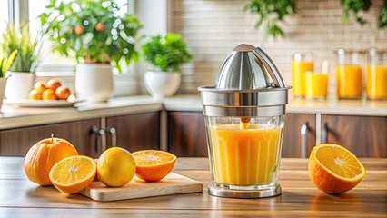 Sticker - Fresh oranges and a juicer on a kitchen counter.