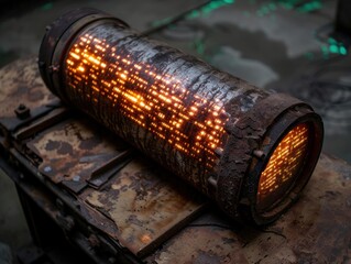 Canvas Print - Glowing log heater in dark winter forest