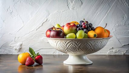 Poster - Bowl of fresh mixed fruit on a white table.