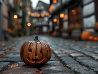 Wall Mural - Spooky jack-o'-lantern in city street at night