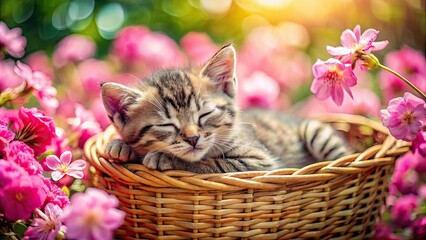 Sticker - Adorable kitten comfortably napping in a basket surrounded by pretty pink flowers, cute, kitten, sleeping, basket, pink, flowers, cozy