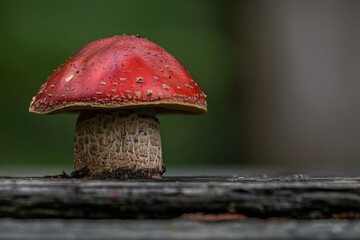 Wall Mural - Close-up of a red mushroom growing on a wooden surface