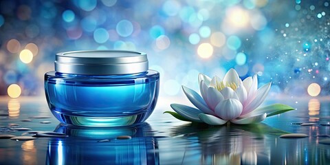 Poster - Blue jar of facial cream on holographic background with lotus flowers, cosmetics, beauty, skincare, facial care