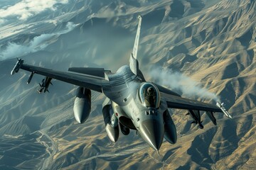 Wall Mural - a fighter jet flying over a mountain range