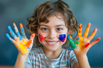 Sticker - A little girl with her hands painted in bright colors.