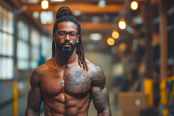 Poster - A man with dreadlocks and tattoos standing in a gym.