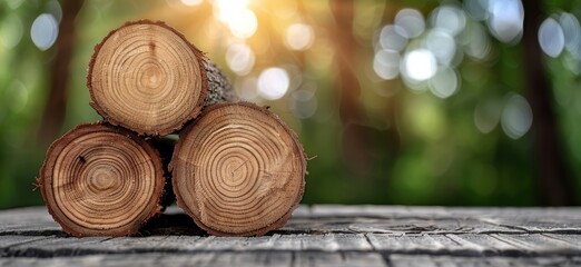 Poster - Stacked wooden logs with natural background