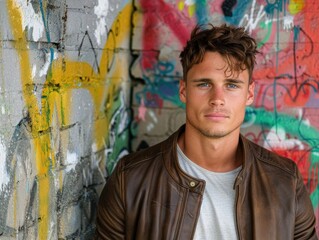 Wall Mural - Handsome young man with stylish hair and leather jacket