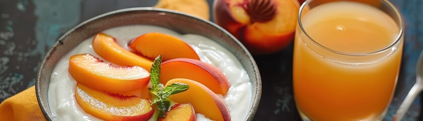 Wall Mural - A bowl of creamy yogurt topped with fresh peach slices 