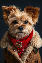 Sticker - A small dog wearing a red scarf and jacket