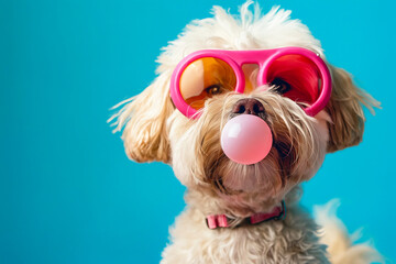 Poster - A dog wearing pink sunglasses and blowing a bubble