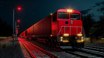 A red freight train travels through the night, its headlights illuminating the tracks.