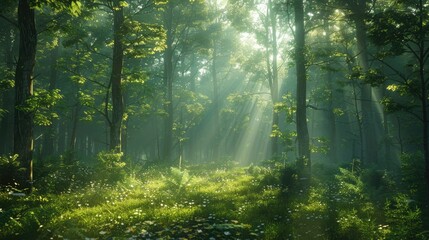 Wall Mural - Peaceful forest scene with misty morning light filtering through trees, ideal for nature themes